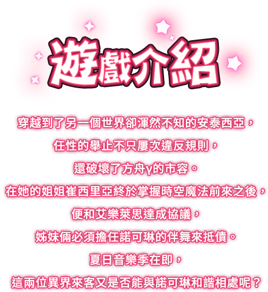 遊戲介紹, 穿越到了另一個世界卻渾然不知的安泰西亞，任性的舉止不只屢次違反規則，還破壞了方舟γ的市容。在她的姐姐崔西里亞終於掌握時空魔法前來之後，便和艾樂萊思達成協議，姊妹倆必須擔任諾可琳的伴舞來抵債。夏日音樂季在即，這兩位異界來客又是否能與諾可琳和諧相處呢？